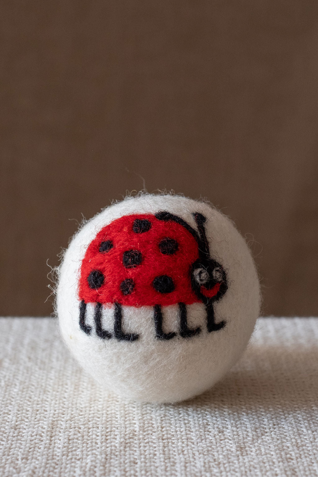 Lady Bug with Legs wool dryer ball, studio photo