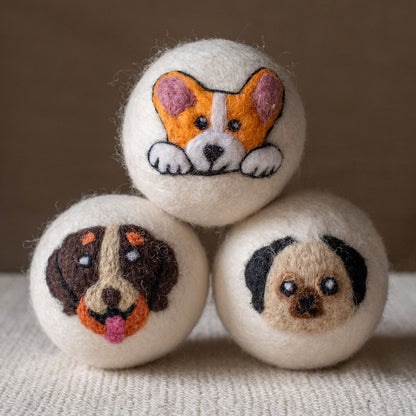 Dogs set wool dryer ball, studio photo