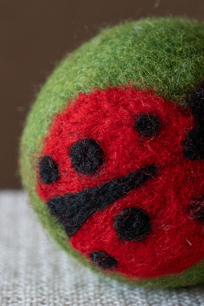 Lady Bug on Green Ball wool dryer ball, detail photo