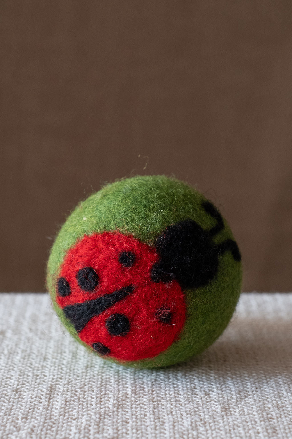 Lady Bug on Green Ball wool dryer ball, studio photo