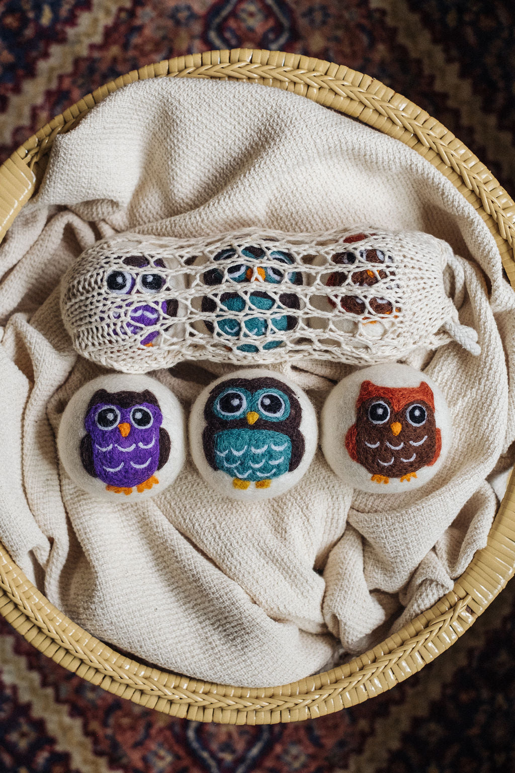 Owls set wool dryer ball, theme photo