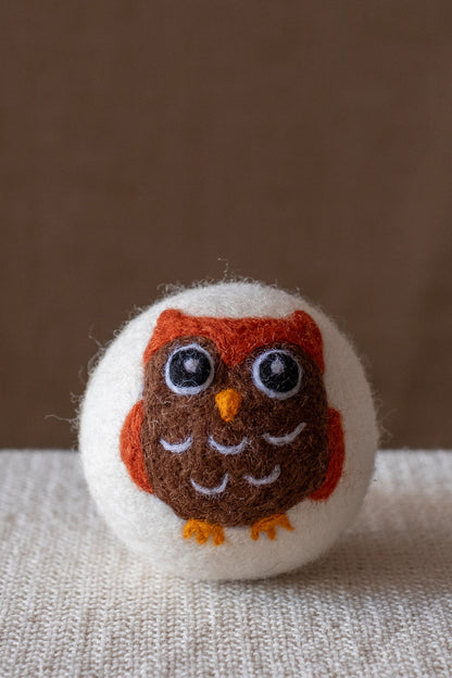 Owls set wool dryer ball, in use photo