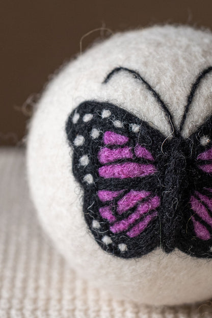 Purple Butterfly wool dryer ball, detail photo