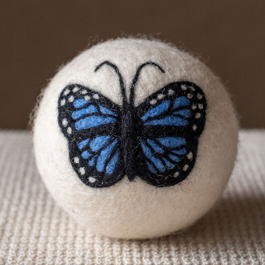 Blue Butterfly wool dryer ball, square crop