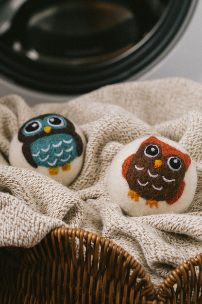 Blue Owl wool dryer ball, in use photo