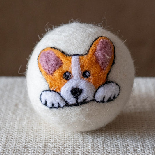 Corgi wool dryer ball, square crop