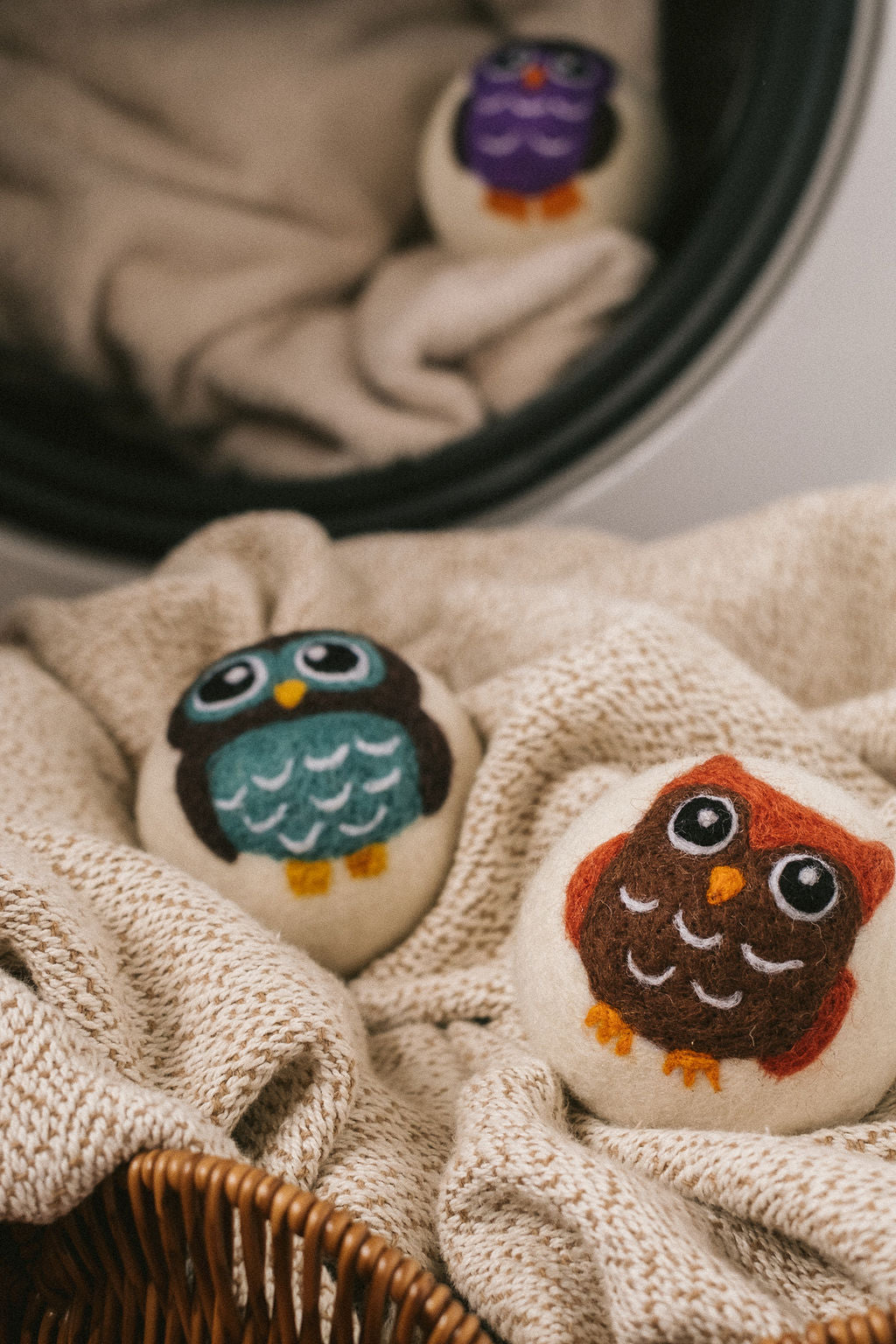 Brown Owl wool dryer ball, in use photo