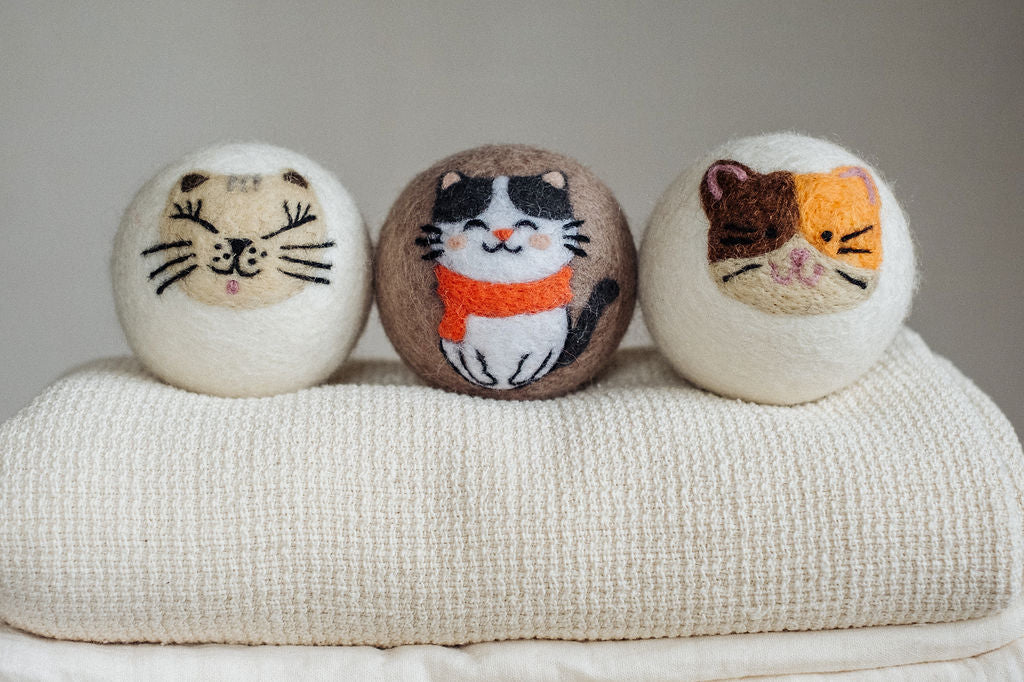 Calico wool dryer ball, in use photo