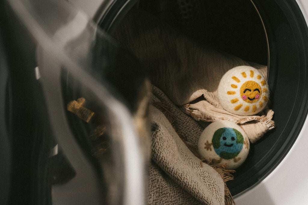 Earth wool dryer ball, in use photo