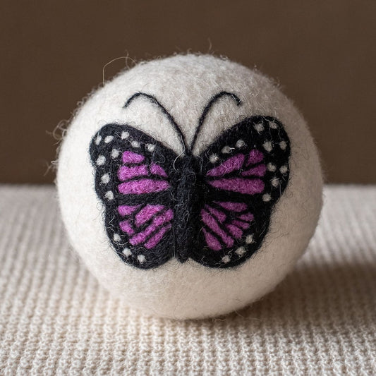 Purple Butterfly wool dryer ball, square crop